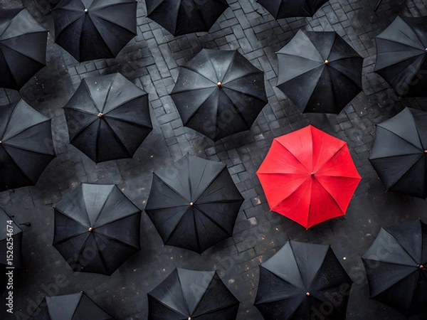Obraz Red Umbrella Among Black Umbrellas in the Rain (Top View)
