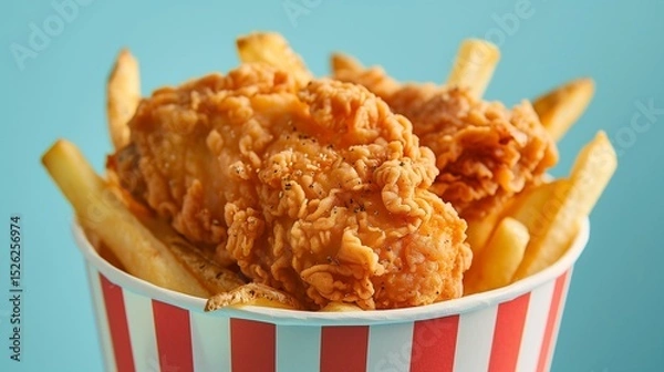Fototapeta pizza and crisp, golden-brown fried chicken piled high in a sleek, pure check bucket, accompanied by perfectly seasoned French fries 