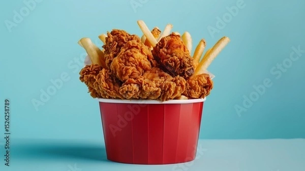 Fototapeta pizza and crisp, golden-brown fried chicken piled high in a sleek, pure check bucket, accompanied by perfectly seasoned French fries 