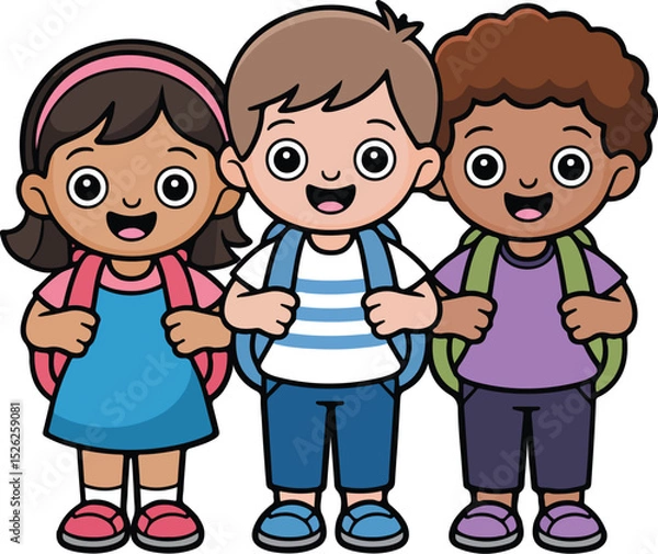 Obraz Three diverse school children with backpacks smiling and happy.