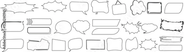Fototapeta Hand drawn speech bubbles, thought clouds, and text boxes in a playful, sketchy style doodle elements  for comics, designs, and creative projects. Ideal for graphic design