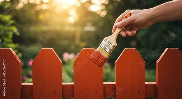 Fototapeta Close-up of a hand painting a wooden picket fence red in a sunny garden. DIY home improvement project outdoors. Renovating and decorating a backyard fence with fresh paint.