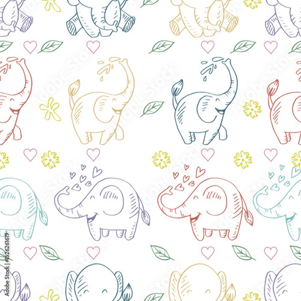 Fototapeta Seamless pattern with cute elephants and flowers. Vector illustration.