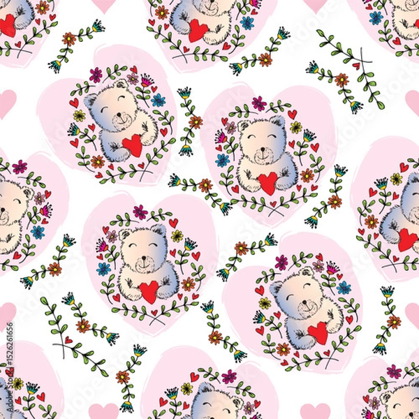 Fototapeta Seamless pattern with cute teddy bears, hearts and flowers