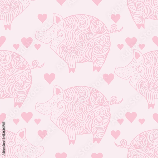 Fototapeta Seamless pattern with cute pink pig and hearts. Vector illustration.