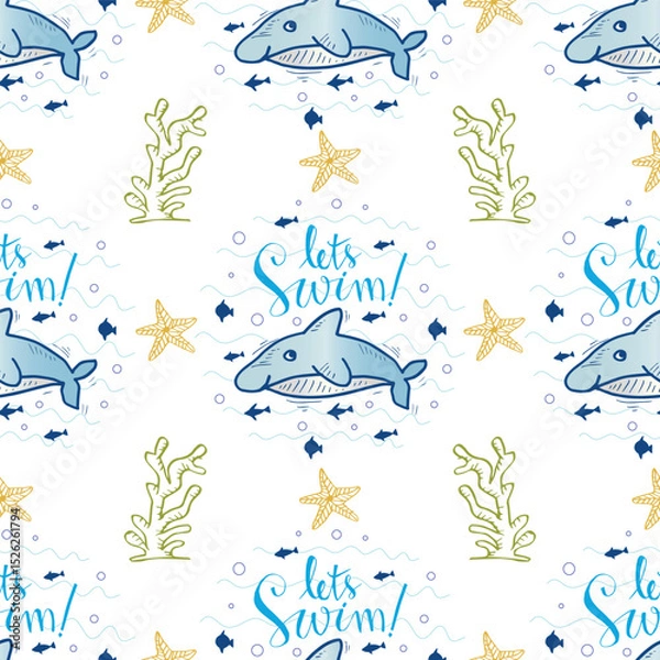 Fototapeta Seamless pattern with whale, starfish, seaweed and lettering. Vector illustration.
