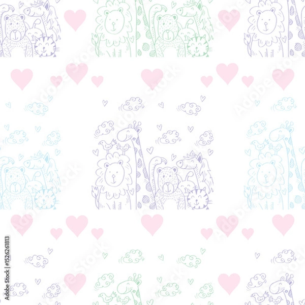 Fototapeta Seamless pattern with cute cartoon animals and hearts. Vector illustration.