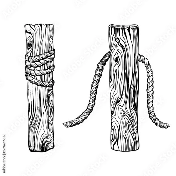 Fototapeta Two wooden posts wrapped with rope. Hand drawn vector illustration painted by black ink. Sketch in line art style isolated on white background. Perfect for maritime rustic or coastal themed design.