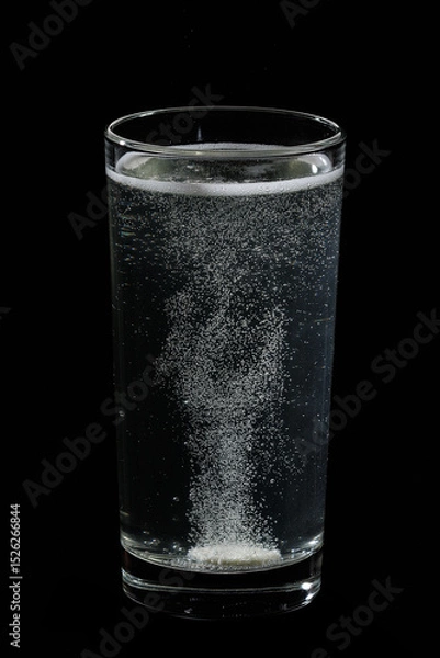 Fototapeta A vibrant close-up of an effervescent tablet dissolving in a glass of water, capturing the dynamic reaction of tiny bubbles rising to the surface.