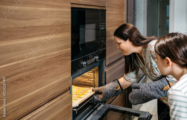 Fototapeta Mom and her daughter are taking a baking pan full of golden cookies out of the oven in their kitchen, wearing oven mitts and working together to carefully remove the freshly baked treats