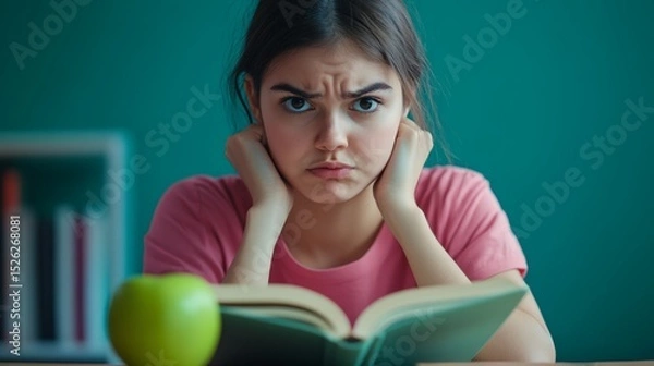 Fototapeta Bored student is frowning while studying with a book and an apple on a desk in front of her, showing lack of interest in education and learning