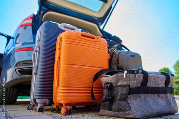 Obraz Suitcases and bags in front of open car trunk, standing on pavement near suburban house. Luggage ready for loading in vehicle before travel or moving. Concept of relocation or road trip