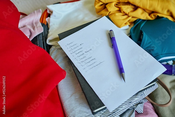 Obraz Handwritten checklist and pen on top of colorful folded clothes inside open suitcase. Concept of travel planning and packing essentials for trip