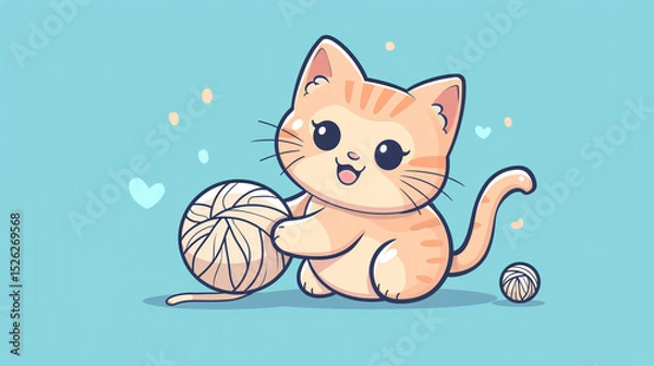 Fototapeta C is for Cat - a cute kitten playing with a yarn ball shaped like the letter C, cartoon line art.