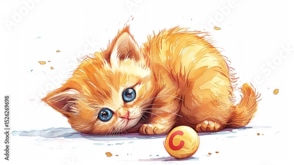 Fototapeta C is for Cat - a cute kitten playing with a toy shaped like the letter C, cartoon line art.