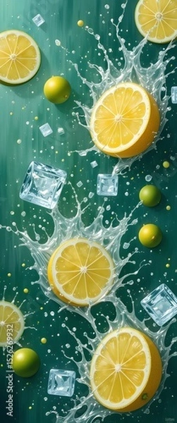 Fototapeta Fresh citrus fruits, including lemon and lime slices, are isolated on a white background with a splash of water, highlighting their juicy, healthy, and refreshing qualities