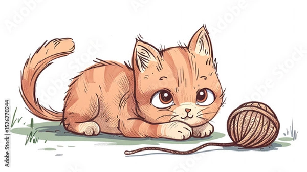 Fototapeta C is for Cat - a cute kitten playing with a yarn ball shaped like the letter C, cartoon line art.