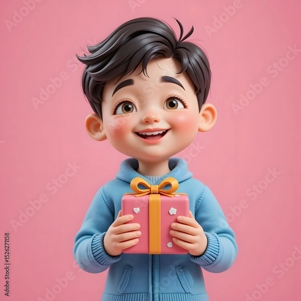 Fototapeta Little boy holding a pink gift box with a happy smile, celebrating the holiday surprise