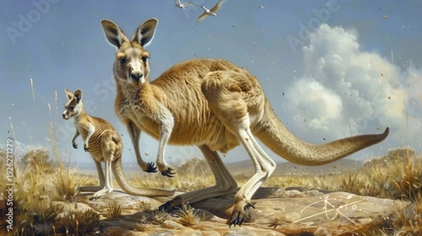 Fototapeta K is for Kangaroo - a kangaroo with a baby joey in its pouch jumping over a letter K.
