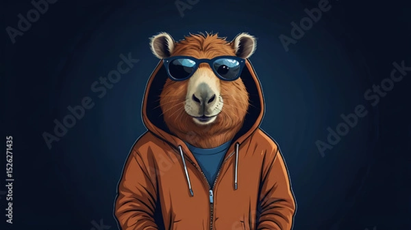 Obraz A cute capybara wearing a hoodie and sunglasses, standing confidently, dark navy blue background, transparent background, t-shirt vector style”