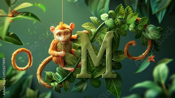 Fototapeta M is for Monkey - a playful monkey swinging on a vine shaped like the letter M.