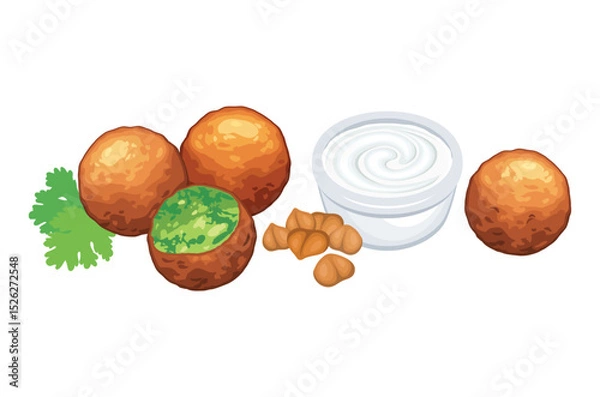 Fototapeta Falafel and dipping sauce icon set vector. Chickpea falafel balls, yogurt sauce and parsley icons isolated on a white background. Middle eastern deep fried chickpea balls illustration