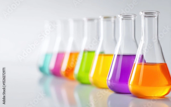 Fototapeta Colorful test tubes filled with vibrant liquids are arranged in lab setting creating visually appealing scientific scene with bright colors and clear glass tubes