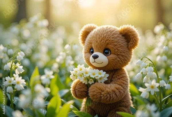 Fototapeta Teddy bear sitting with flowers in a garden surrounded by soft and fluffy toys