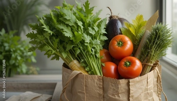 Fototapeta Fresh organic vegetables, including ripe tomatoes, crisp lettuce, and healthy cucumbers, overflow from a market basket