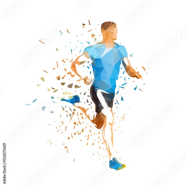 Fototapeta Running man, run, isolated vector low poly illustration with dispersion effect. Male runner, track and field athlete