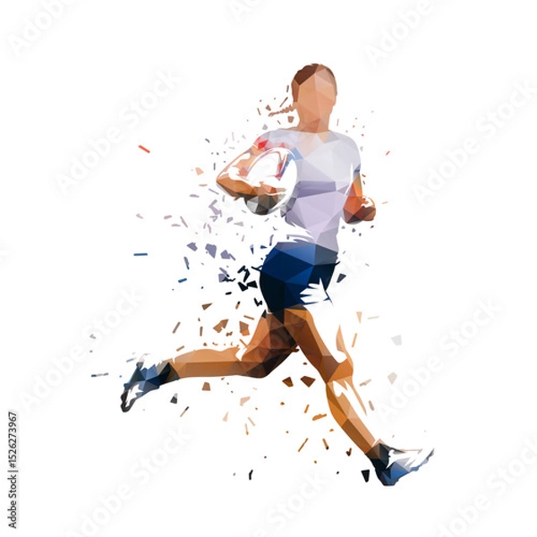 Fototapeta Rugby, woman running with ball, side view. Isolated low polygonal vector illustration, polygonal drawing with distortion effect. Team sport athlete clipart