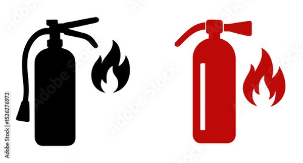 Obraz Fire extinguisher icons in black and red with flames on a transparent background for safety use