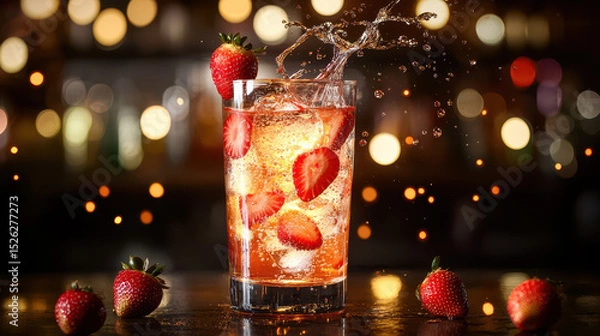 Obraz Refreshing strawberry drink splashing in a glass with strawberries on the table, vibrant background creates a festive atmosphere