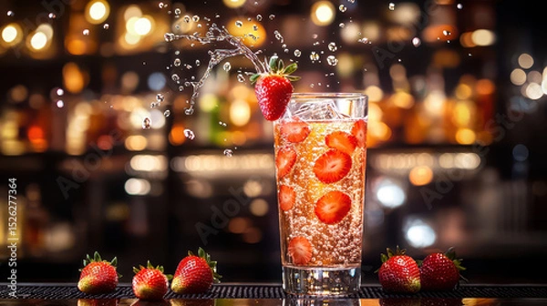 Obraz Refreshing strawberry drink with ice and splash effect, garnished with fresh strawberries, set against a vibrant bar backdrop