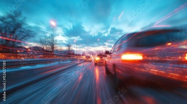 Fototapeta Motion Blurred Car Traveling On The Highway At Night With Streaks Of Light And City Lights