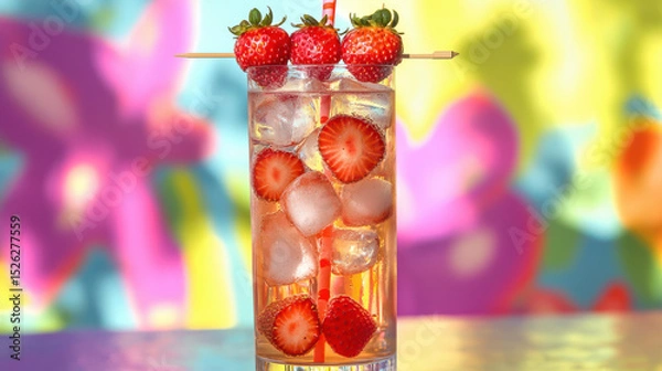 Obraz Refreshing drink with fresh strawberries and ice cubes in a tall glass against a colorful blurred background