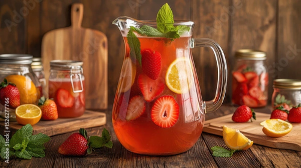 Obraz Refreshing pitcher of strawberry lemonade with mint leaves, surrounded by fresh strawberries and lemons on a wooden table