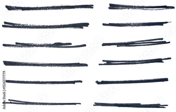 Obraz Set of black hand drawn marker pen stroke line transparent background design element doodle scribble underline