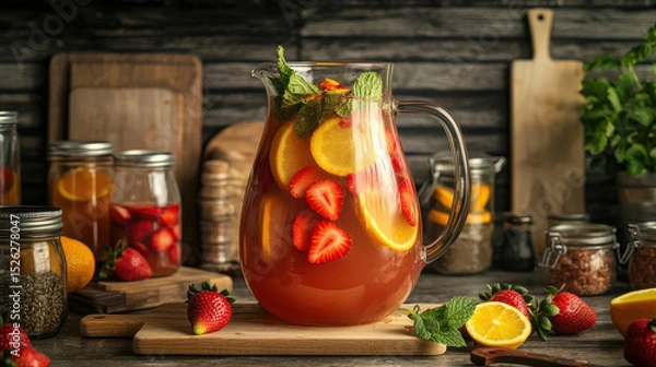 Obraz Refreshing pitcher of strawberry lemon iced tea garnished with mint, displayed on a rustic wooden background with fruits and jars