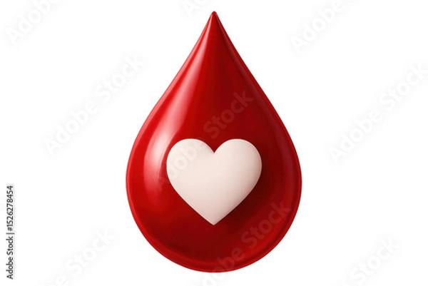 Fototapeta Blood droplet showing crimson color, white heart shape symbolizing medical donation, healthcare support against neutral backdrop