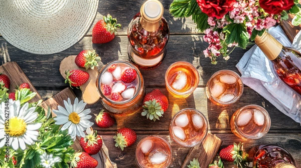 Obraz Refreshing summer drink with strawberries and ice arranged on a rustic table adorned with flowers and a sun hat