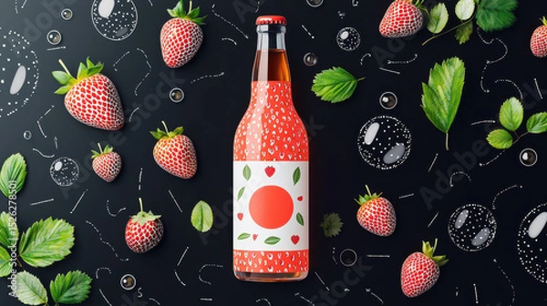 Obraz Bottled beverage with playful strawberry design surrounded by fresh strawberries and green leaves on a dark background