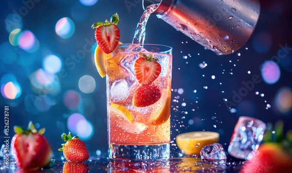 Obraz Refreshing strawberry lemonade cocktail with ice and splashing water, garnished with fresh strawberries and lemon slices