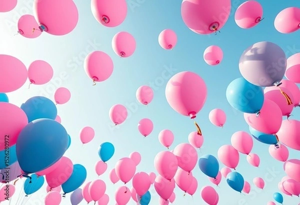 Obraz Wide panoramic view of pink and blue balloons floating in a clear sky, scenic, summer