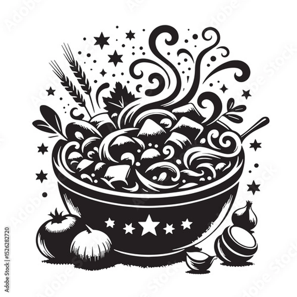 Fototapeta Hearty Soup or Stew in a Bowl with Ingredients - Black and White Illustration