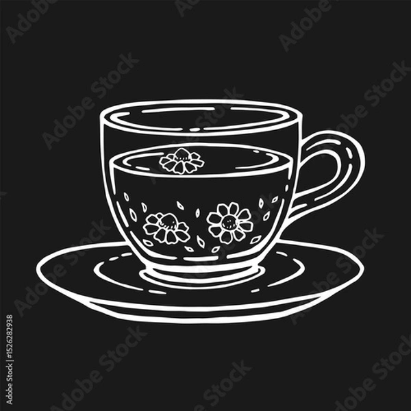 Obraz Glass cup of tea, chamomile. Hand drawn vector illustration in outline style.