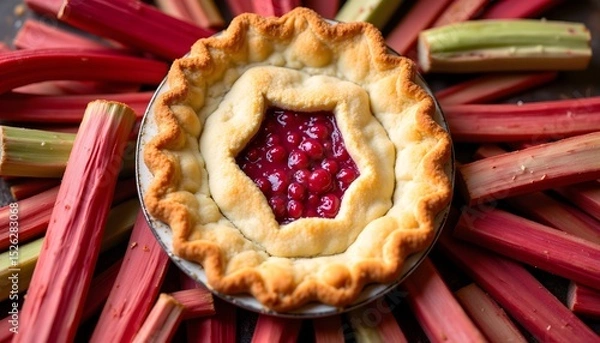 Obraz A circular pie, golden brown crust crimped along the edge, sits nestled among vibrant, crimson and pale green rhubarb stalks