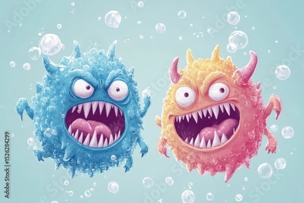 Fototapeta Two angry cartoon virus monsters are attacking, surrounded by floating bubbles, in this colorful illustration
