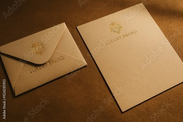 Obraz Luxury brand stationery mockup with golden logo on envelope and letterhead on brown textured background