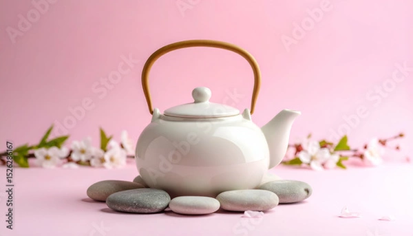 Fototapeta Serene Teapot Arrangement with Tranquil Stones on Soft Pink Background